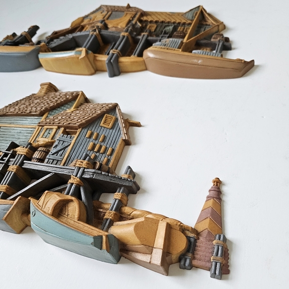 Pair of 1970's Burwood 3D Wall Hanging Seaside Vtg Set Fishing Wharf Boat Dock - Picture 12 of 16